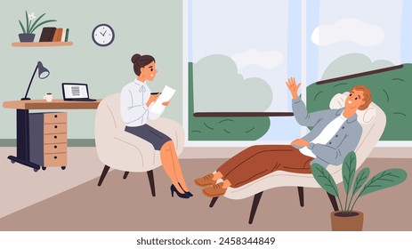 Man in psychologists office. Private consultation. Guy talks about problems to professional. Mental health. Psychotherapy counseling. Psychological treatment. Garish