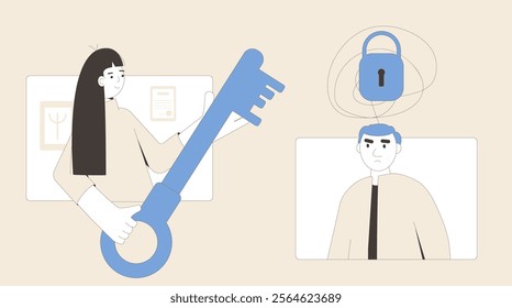 Man psychotherapy. Online counseling session. Character with anger problem talking with psychologists. Client with depression. Key and lock mental health support metaphor. Vector illustration.