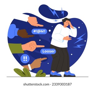 Man with public censure concept. Young guy suffers from disapproval of society. Bullying and hate. Emotional pressure and stress. Depression and frustration. Cartoon flat vector illustration