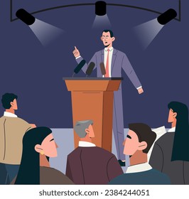 Man public speaker concept. Huy in suit perform for public. Presentation and press conference of company. Employees and directors at seminar, business lecture. Cartoon flat vector illustration