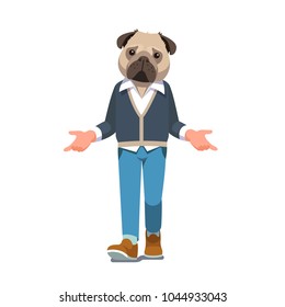 Man with pug dog head walking forward opening hands wide with palms facing up in bewildered gesture. Dog animal head person character wearing casual clothes. Flat style vector illustration isolated on