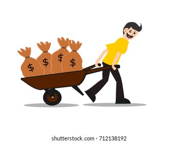 Man pull money load in wheelbarrow