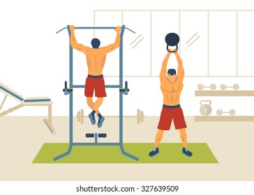 Man pull on horizontal bar in the gym and lifting a weight