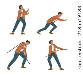 Man pull and push set of poses. A young man in a suit of different positions pulling a rope or pushing an object.