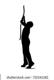 Man pull a rope from the top silhouette, silhouette design, isolated on white background.
