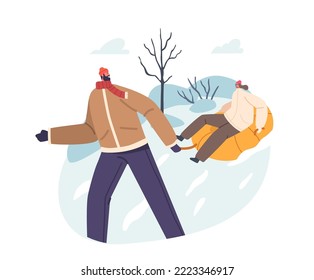 Man Pull Sled with Sitting Girl. Wintertime Activity. Happy Couple Enjoying Sleds Riding in Winter Park with Snow Hills. Holidays Fun and Outdoors Walking. Cartoon People Vector Illustration