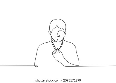 man pulled back collar of his t-shirt he is hot or stuffy - one line drawing vector. concept of heat, stuffiness, suffocation, profuse sweating