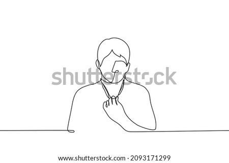 man pulled back collar of his t-shirt he is hot or stuffy - one line drawing vector. concept of heat, stuffiness, suffocation, profuse sweating
