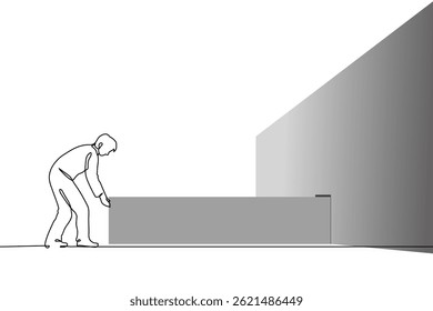 man pulled out a very long drawer from a cabinet along the entire wall - one line art vector. very old archive, lots of data, undigitized content, card file. Handmade vector not AI