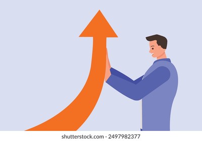 Man pulling an arrow upwards. Character vector design. Flat illustration style.