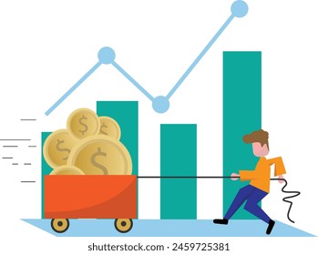 
man is pulling a coin cart in front of a bar chart. finance design concept
