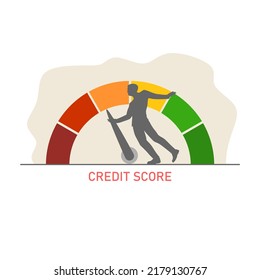 Man pulling credit score arrow gauge speedometer indicator with color levels. Measurement from poor to excellent rating for credit or mortgage loans concept flat style design illustration.