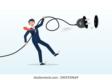 Man pulling electric cord to unplug to save money or for ecology power, electricity saving, ecology awareness or reduce electric cost and expense (Vector)