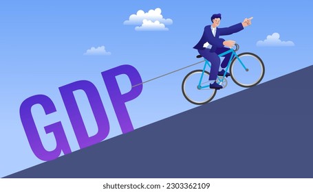Man pulling GDP with bicycle. Gross domestic product. Business concept taxpayer in a flat style. national economy, monetary policy, global finance topics. Vector illustration.