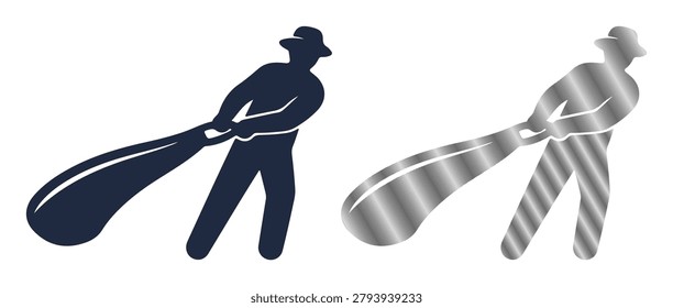 Man pulling heavy bag. worker carrying a large and weighty sack.