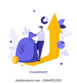 Man pulling large sack of money to red arrow. Financial prosperity reaching. Investment concept flat vector illustration. Income finances for entrepreneur cartoon character color composition