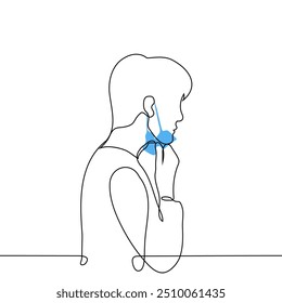 man pulling mask off face - one line art vector. catch your breath concept, end of lockdown. Handmade vector not AI
