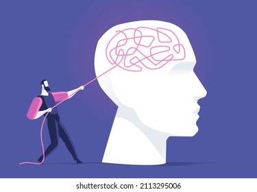 Man pulling on a cord that has been woven into the human brain