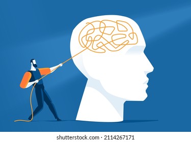 Man pulling on a cord that has been woven into the human brain