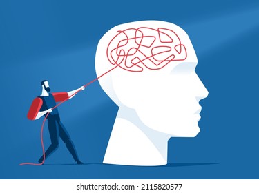 Man pulling on a cord that has been woven into the human brain