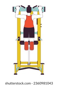 Man pulling up on pullup machine flat line color vector character. Editable outline full body person on white. Bodyweight exercise sportsman simple cartoon spot illustration for web graphic design