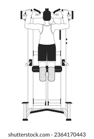 Man pulling up on pullup machine flat line black white vector character. Editable outline full body person. Bodyweight exercise sportsman simple cartoon isolated spot illustration for web design