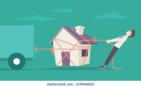 Man pulling rope to get his house from the truck, financial cartoon concept. house of loan vector illustration.