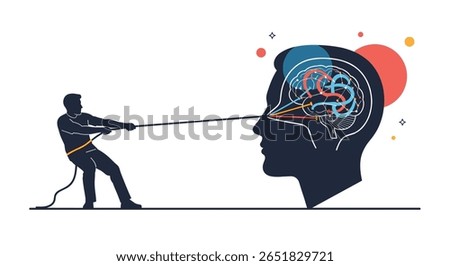Man pulling rope leading thoughts into human head conceptual art