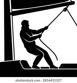 Man pulling rope on boat nautical maritime activity heavy lifting.