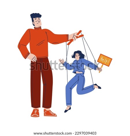 Man Pulling Rope or Strings with Woman Hanging Engaged in Manipulation and Control Vector Illustration
