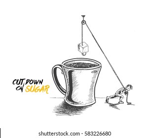 A man pulling a rope with sugar cube on the cup, Hand Drawn Vector Background.