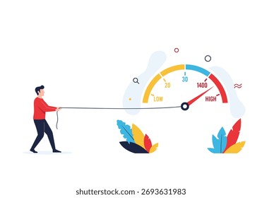 Man pulling rope towards speedometer indicating high performance and speed measurement