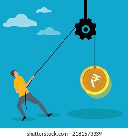 Man pulling rupee coin through cog, business finance growth vector illustration