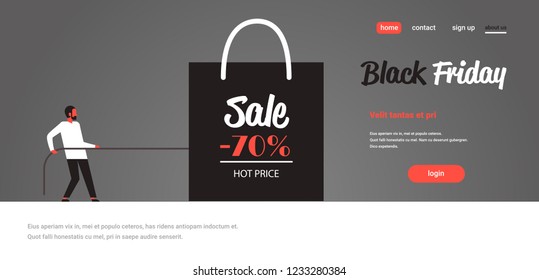 man pulling shopping bag with big sale sign black friday special offer super sale holiday promotion discount concept flat horizontal copy space vector illustration
