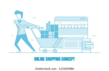 Man pulling shopping trolley, Online shopping thin line vector concept isolated on white background