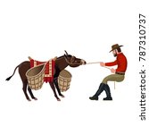 Man pulling a stubborn donkey. Vector illustration isolated on white background