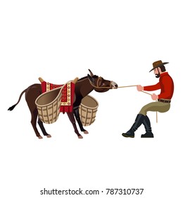 Man pulling a stubborn donkey. Vector illustration isolated on white background