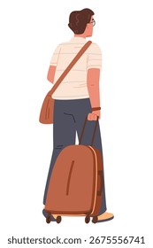 Man pulling a suitcase view from the back flat vector illustration isolated on white.