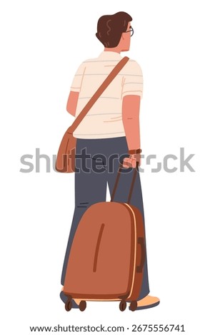 Man pulling a suitcase view from the back flat vector illustration isolated on white.
