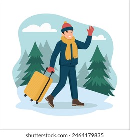 Man pulling suitcase and waving hand go for travelling on winter  vacation. Trip, winter vacation, recreation or tourism concept. Flat vector illustration.