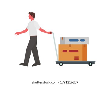 Man pulling trolley that contains boxes