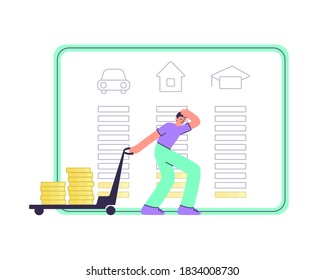 Man is pulling a truck with coins in front of screen with financial scale. Working hard concept vector flat illustration