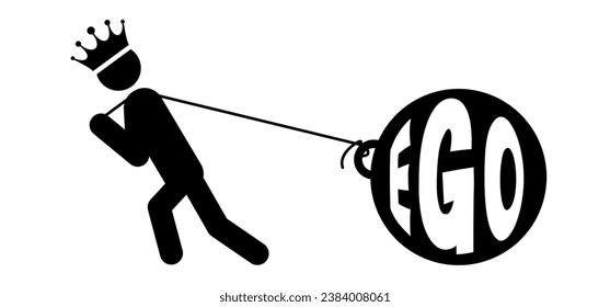Man pulling weight, selfish man with a crown. Slogan ego or room. Man pulls a huge weight. Attract attention, selfish or narcissistic personality. selfishness, narcissism concept. Attract attention.