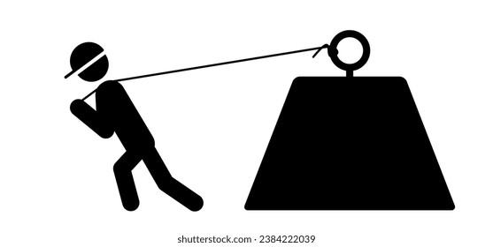Man pulling weight. Stick figure man pulls a huge weight. Businessman twitch the big box with rope. Person lifting or pull heavy burden. Huge large block. Heavy load, ragging a giant heavy weight.
