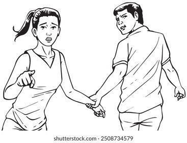 Um homem puxando a mão de uma mulher apontando para algo. Ilustração em formato preto e branco e vetorial.