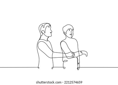 man pulls back the hand that another man is trying to grab - one line drawing vector. concept of rejection, ignoring, quarrel, resentment, anger, parting, breakup