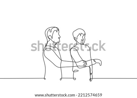 man pulls back the hand that another man is trying to grab - one line drawing vector. concept of rejection, ignoring, quarrel, resentment, anger, parting, breakup