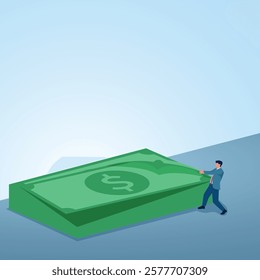 A man pulls banknotes from a pile. Illustration of profit sharing, dividends, and shareholders.