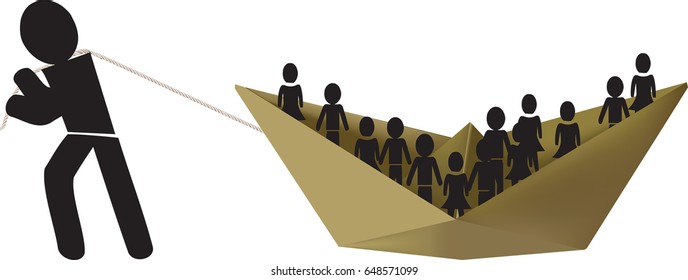 Man pulls the boat full of people