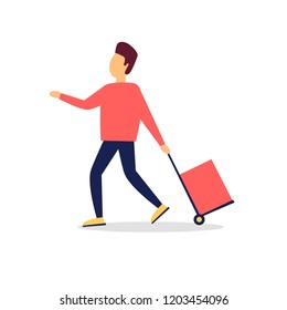 Man pulls a cart. Flat style vector illustration.